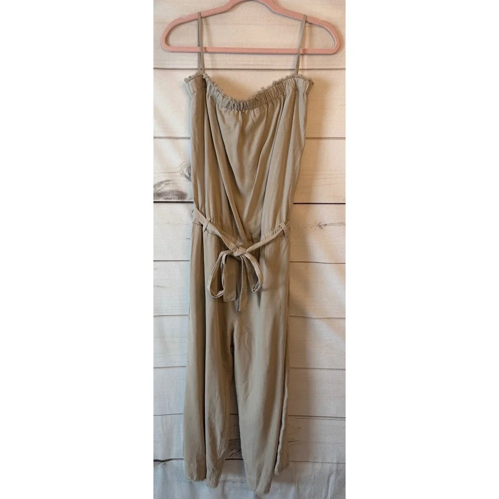 Cloth & Stone Tan Tencel Lyocell Wide Leg Jumpsuit Belted Fringe C6053-654-303 L